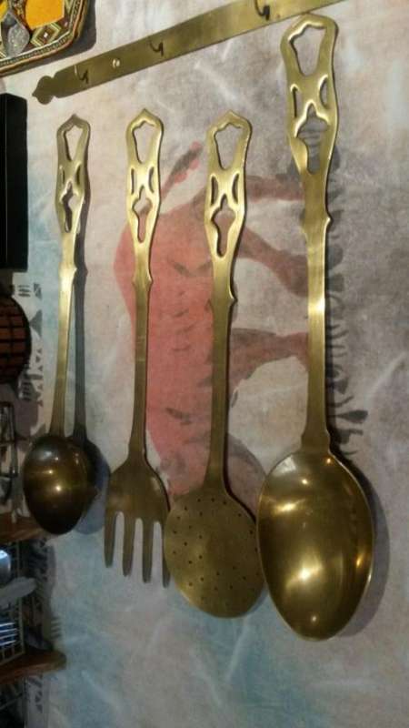 extra large vintage brass wall mounted utensil set