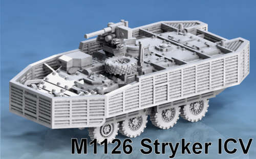 1:72 Scale - M1126 Stryker ICV - Slats, Aircon, Spare Wheel With MG Weapon Station and Wire Cutter