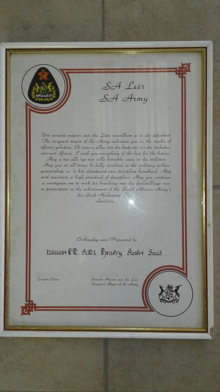 SADF - SA ARMY : Certifikate - Warrant Officer