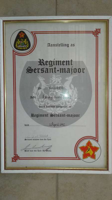 SADF - SA ARMY : Certifikate 1992 - Regiment Sergant Major
