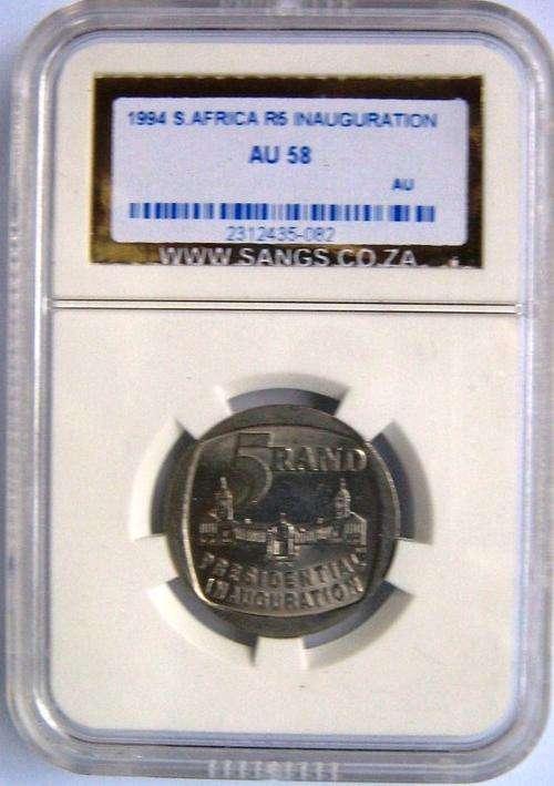 RSA, 1994 INAUGURATION R5 COIN SANGS GRADE  AU 58.