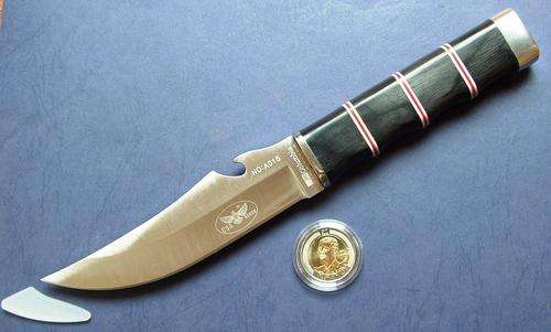 USA SABER KNIFE by COLUMBIA with RIBBED LAMINATED HANDLE & BOTTLE OPENER & SHEATH + MANDELA R5 COIN.