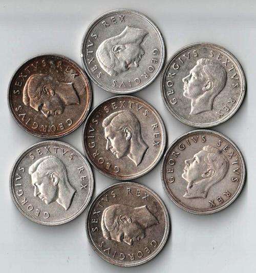7 (Seven) 80% Silver 1948 SILVER CROWNS (5/-). SILVER CONTENT 22.67 gms per CROWN.