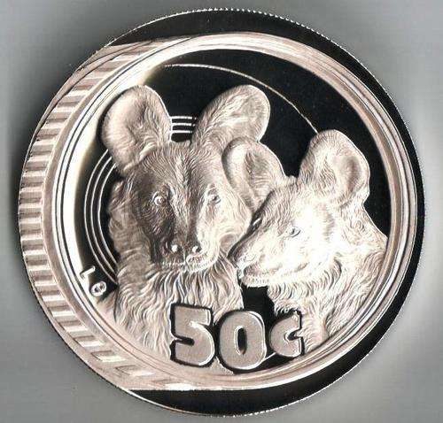 RSA - 50 CENT - SILVER WILDLIFE SERIES, THE AFRICAN WILD DOG. YEAR 2005.