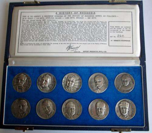BOXED SET of  TEN  HISTORY OF RHODESIA 0.925 STERLING SILVER MADALLIONS.