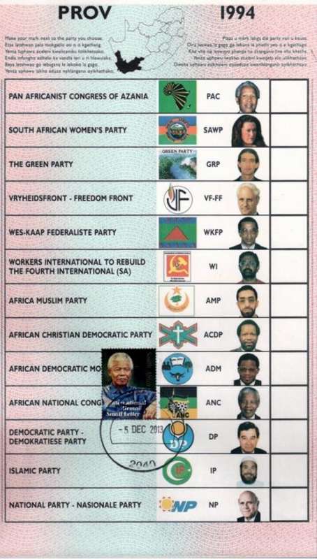 NELSON MANDELA  1918  - 2013, PROV. BALLOT PAPER HAND FRANKED WITH THE DATE OF MADIBA's PASSING..