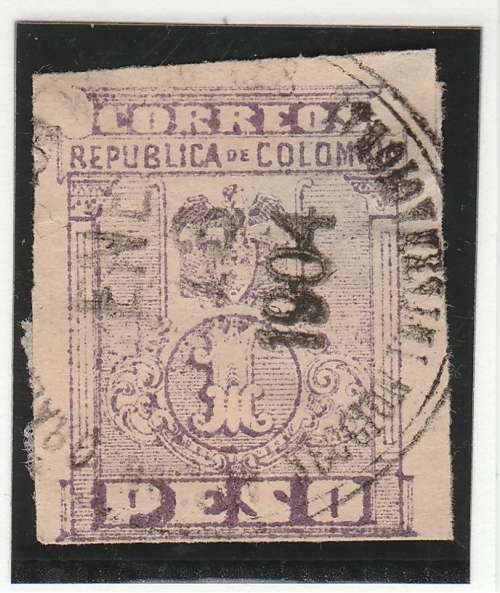 COLOMBIA 1PESO PURPLE THINING BCK OF STAMP