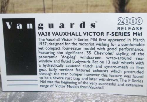 RARE LTD EDITION  VANGUARDS NO  VA 38001   1957  VAUXHALL VICTOR  F - SERIES  MK l -  MINT - BOXED