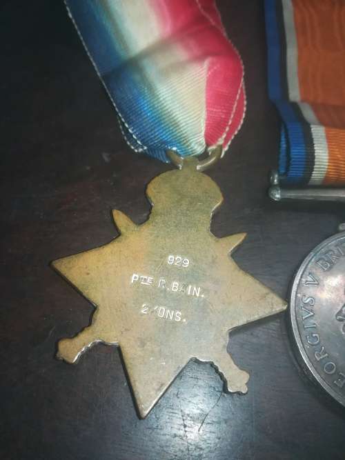 WW1 Medal Group (Issued to D.929 PTE. R. BAIN. 2DNS