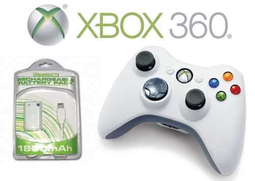 Xbox 360 Wireless Controller (White) + New Reachable Battery Pack.