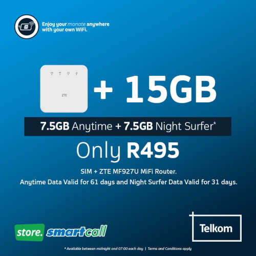 ZTE MF927U MiFi Router + 15GB Telkom Data Bundle