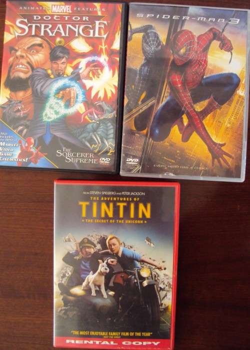 Pandora's box of Dvd's 3x assorted for boys - Spiderman 3, Tintin & Dr Strange pre-viewed good cond