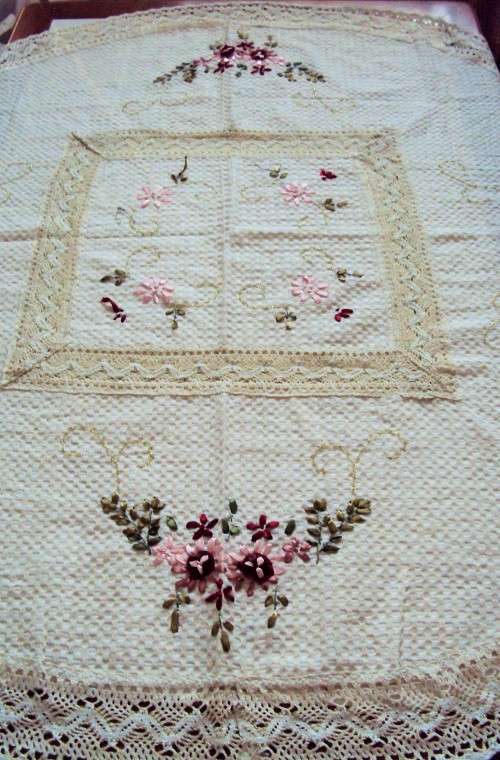 Ribbon Embroidered Oval Tablecloth lace inserts & edge- (middle section some undone ribbon flowers)