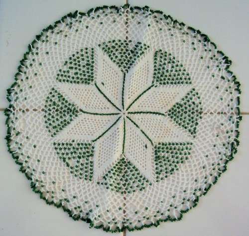 Extensively beaded jug cover, tiny green beads with a fine hand crochet cotton VGC vintage