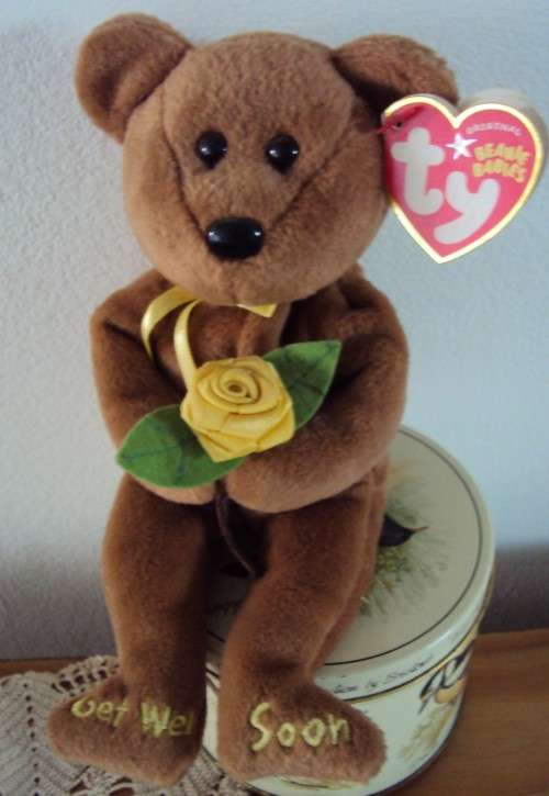 "Bandage" a Get Well Soon TY beanie holding a satin rose - like new with ear tag intact VGC
