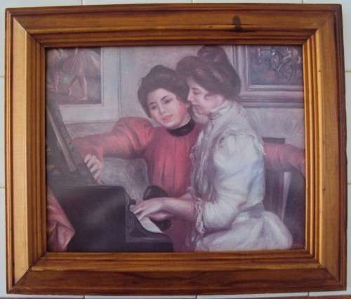 Vintage print in wooden frame with glass of 2 ladies at the piano