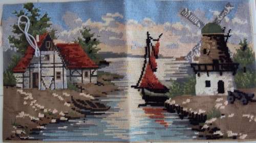Almost finished tapestry, with wools & needle - Cottage house & windmill - Pic size 50x27cm