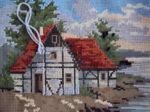 Almost finished tapestry, with wools & needle - Cottage house & windmill - Pic size 50x27cm