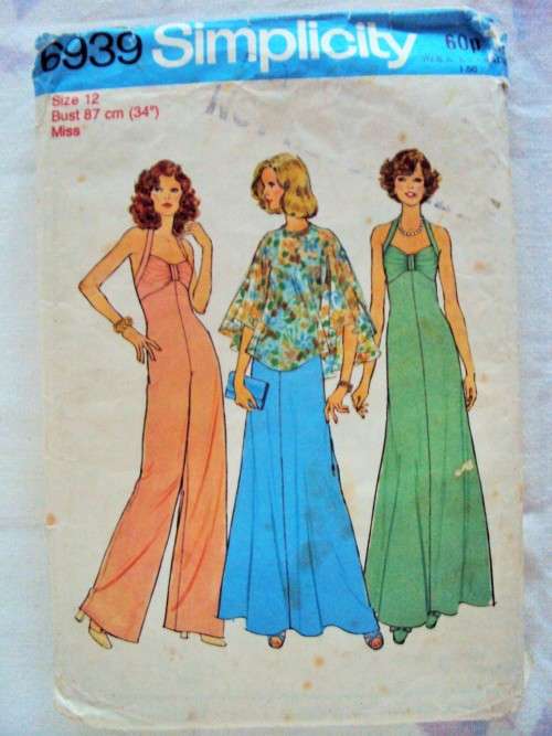 Vintage Halter dress or jumpsuit & poncho Simplicity 6939 Size 12 (87cm) part cut, env wear & tear