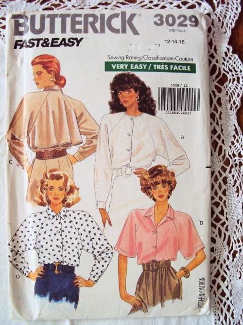 Vintage 1980's Butterick 3029 FAST & EASY Blouses Size 12-14-16 ***Unused & uncut