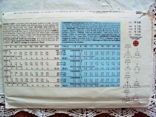 Vintage 1980's Butterick 3029 FAST & EASY Blouses Size 12-14-16 ***Unused & uncut