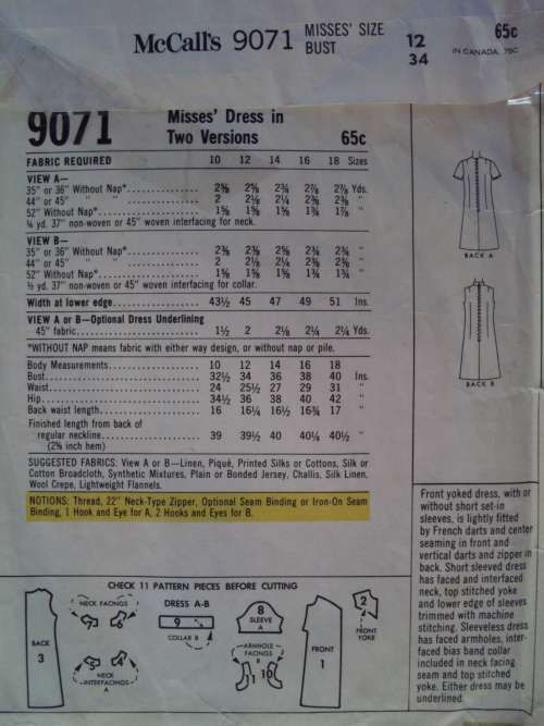 60's Vintage Dress French darts McCall's 9071 Size 12 (34")  **COMPLETE & checked