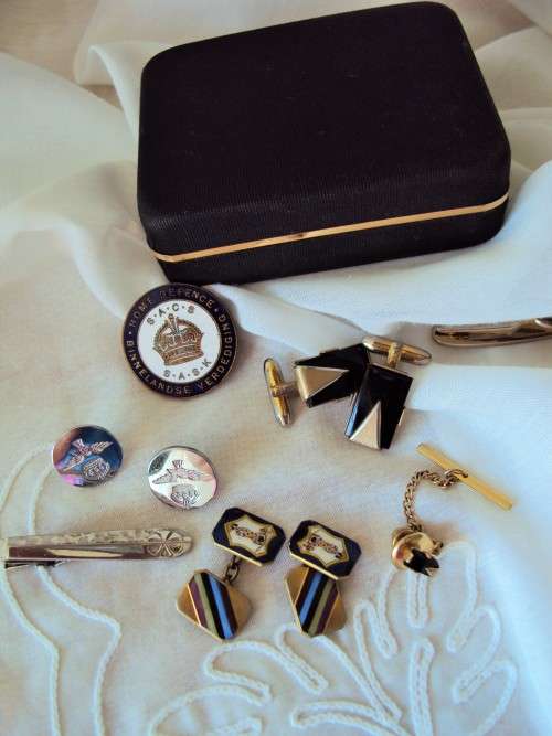 Collection lot of cuff links black onyx stone, tie pin, defense badge in jewel box