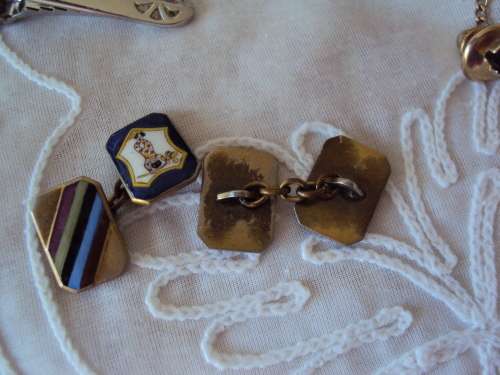 Collection lot of cuff links black onyx stone, tie pin, defense badge in jewel box