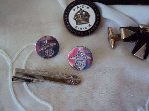 Collection lot of cuff links black onyx stone, tie pin, defense badge in jewel box