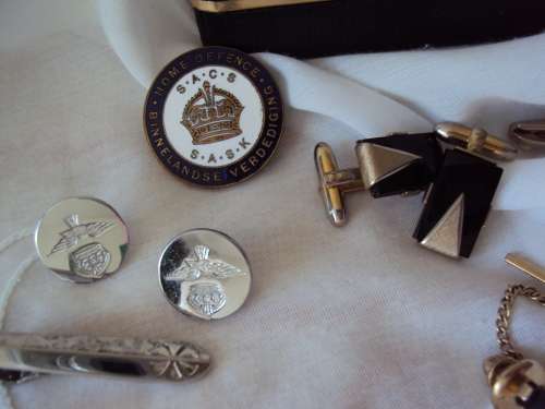 Collection lot of cuff links black onyx stone, tie pin, defense badge in jewel box