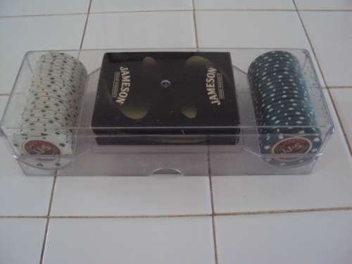 Jameson casino chips in original holder with pack of cards 20 x white chips & 20 x green chips