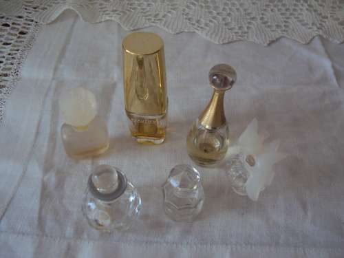 Collection of 6 x miniature glass perfume bottles (empty) one is L'Air du Temps Kissing doves