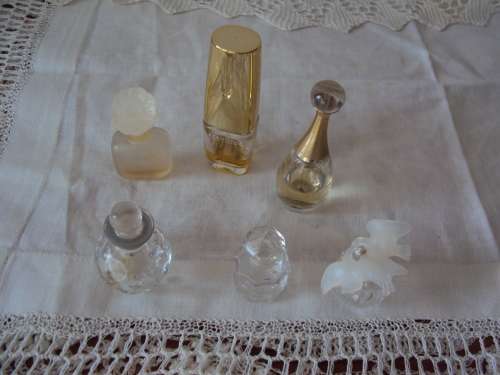 Collection of 6 x miniature glass perfume bottles (empty) one is L'Air du Temps Kissing doves