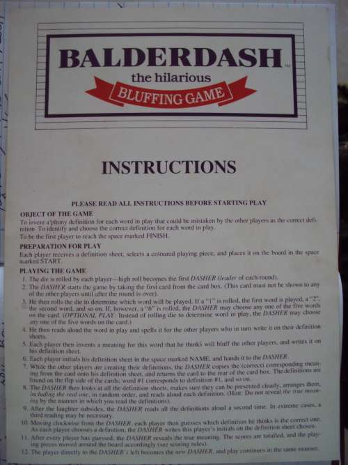 BALDERDASH bluffing board game by Arlenco Ages 10-adult 2-6 players