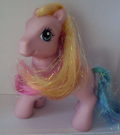 2007 Hasbro My Little Pony paintbrush logo Pink & yellow glitter hair,  pale pink body 12.5cm