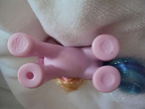 2007 Hasbro My Little Pony paintbrush logo Pink & yellow glitter hair,  pale pink body 12.5cm