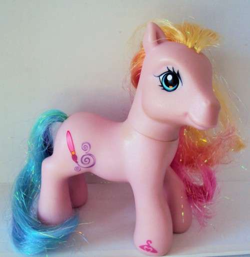 2007 Hasbro My Little Pony paintbrush logo Pink & yellow glitter hair,  pale pink body 12.5cm