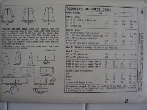 Toddler Dress with panelled front STYLE 1998 Size 2yrs  **Uncut & unused Vintage