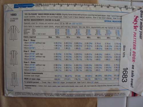 Ladies Dress STYLE 1683 Size Bust 89cm PLUS an extra pattern  **not checked Vintage