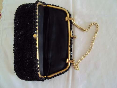 Vintage fully beaded (both sides) black evening bag, gold tone chain