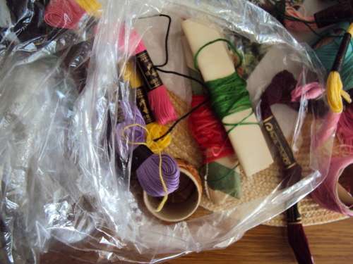 Job lot of embroidery thread skeins with embroidery hoop 13.5cm diam and print pic to embroider