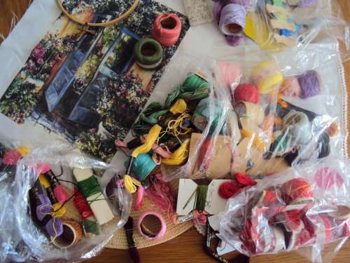 Job lot of embroidery thread skeins with embroidery hoop 13.5cm diam and print pic to embroider