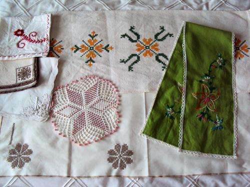 Assorted Selection of Hand Embroidered Linen, Table Runners, Beaded Milk Jug cover
