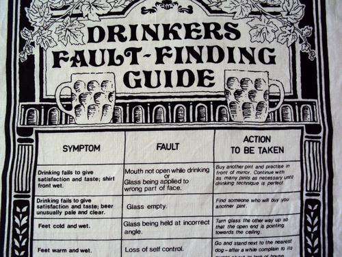 IRISH LINEN - Humerous & BIG linen towel DRINKERS FAULT FINDING (vintage, unused, still crisp)
