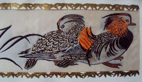 Framed embroidered ducks on silk - vintage good cond