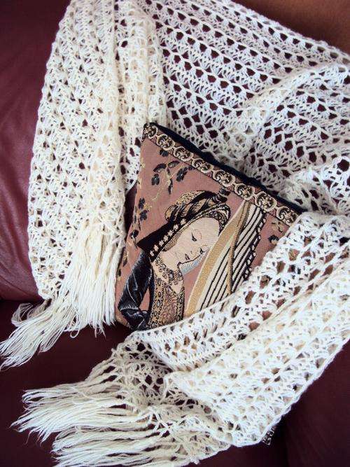 Long crochet shawl with a black felt rose brooch/clip - 2mtrs long (excl tassles)