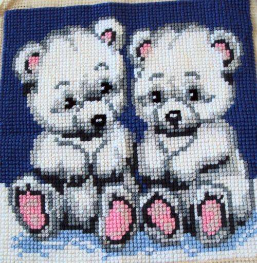 Wool Tapestry baby Twin bears - completed,ready to frame or make pillow Special gift for new mom