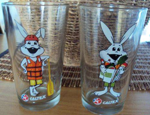 Caltex White rabbit collector glasses ROWER & Shopper rabbits (your bid gets both)