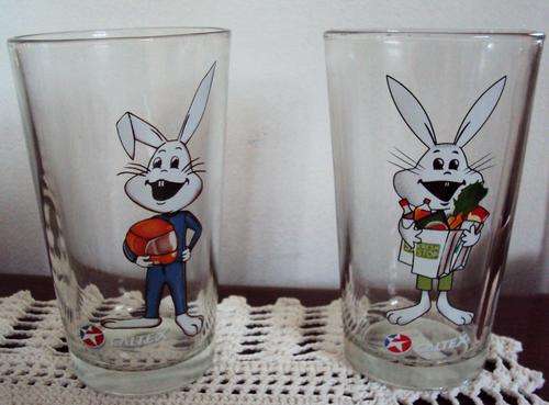 Caltex White rabbit collector glass tumblers, Racing driver & Shopper rabbits (your bid gets both)