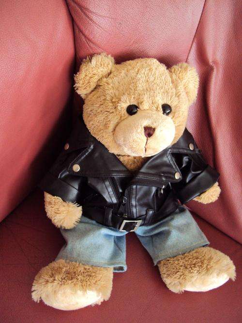 Biker bear with faux black leather jacket with lots of zips & secret compartment -vgc